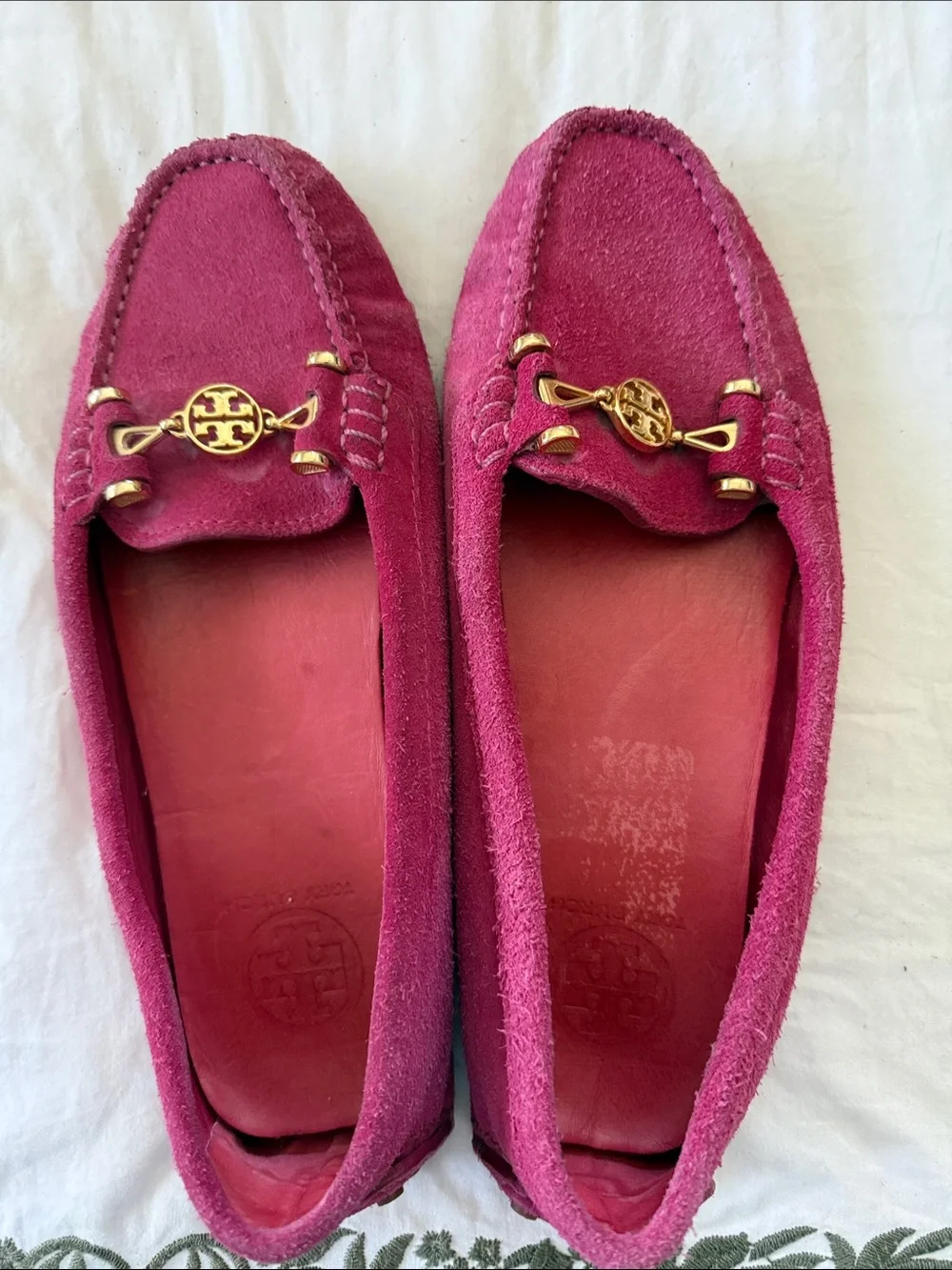 Tory Burch Magenta Suede Driving Loafers with Gold Emblem